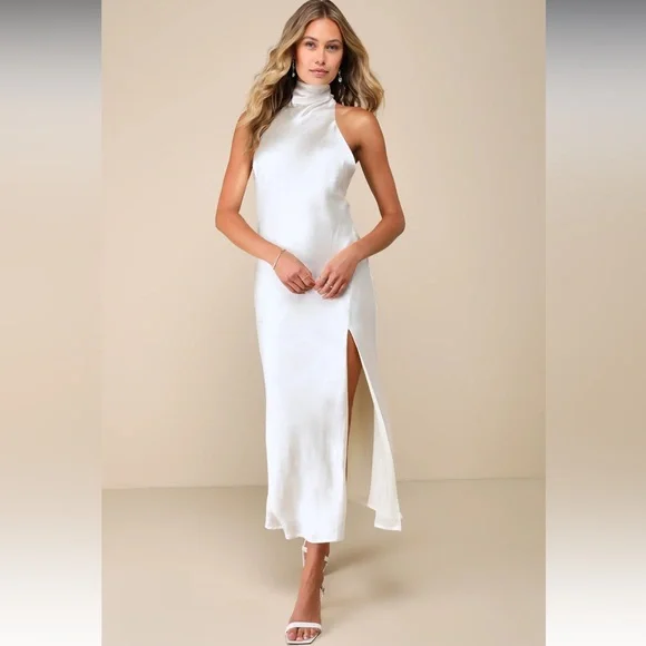 Lulus Exceptional Status Ivory Halter Backless Slip Midi Dress White Size Small - Picture 6 of 7